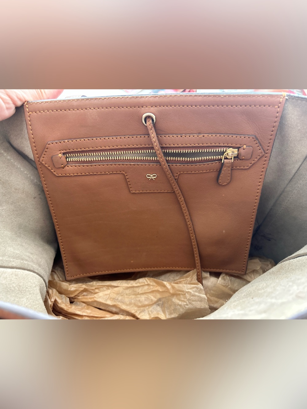 VGC Anya Hindmarch Camel Teather Ebury Smiley Tote w/ Blue Strap! - Picture 9 of 15